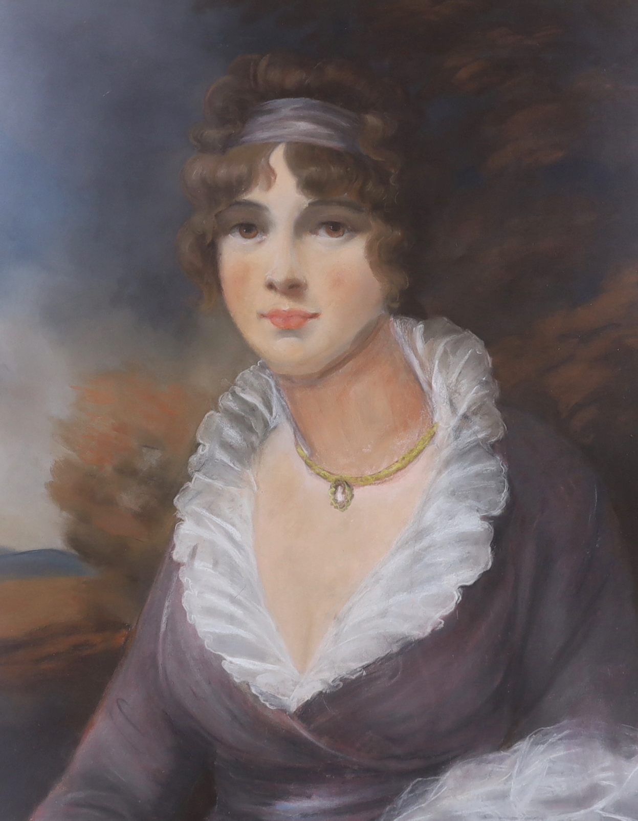 Style of Thomas Gainsborough (1727-1788) , pastel, Portrait of a lady before a landscape, 72 x 58cm